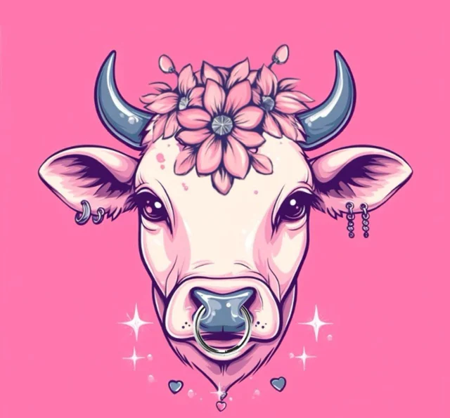 Logo von Piercing by Betti Millan: rosa Kuh mit Blumenkranz und Nasenring