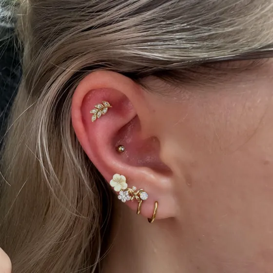 Mehrere Ohrpiercings mit goldenem Blüten-Schmuck