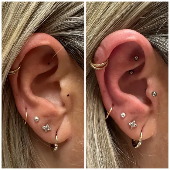 Ohr vor und nach neuen Piercings